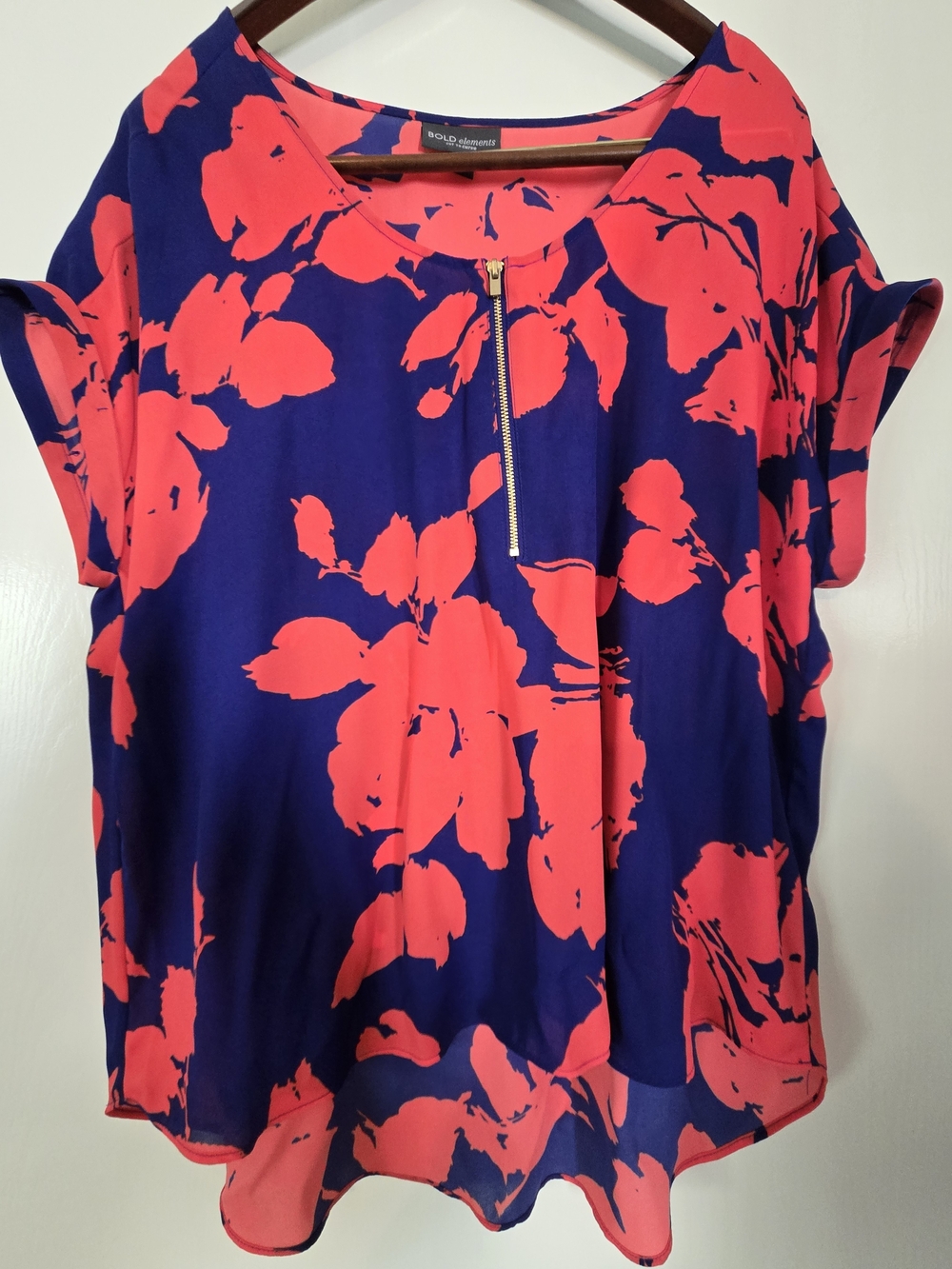 Bold Elements Navy and Red Floral Zip Front Blouse Sz Xl